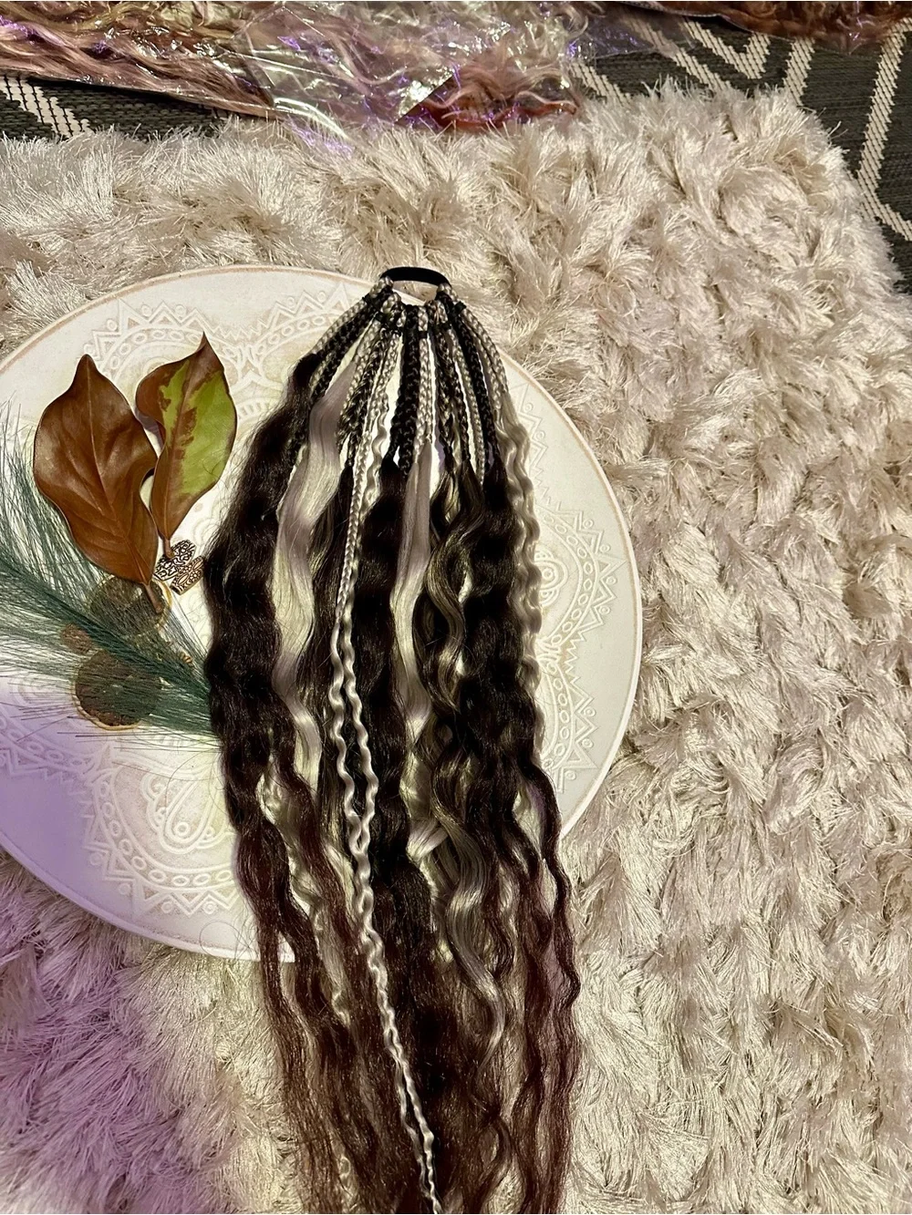 Hand-Tied Women's Hair Extensions in Brown with White Highlights